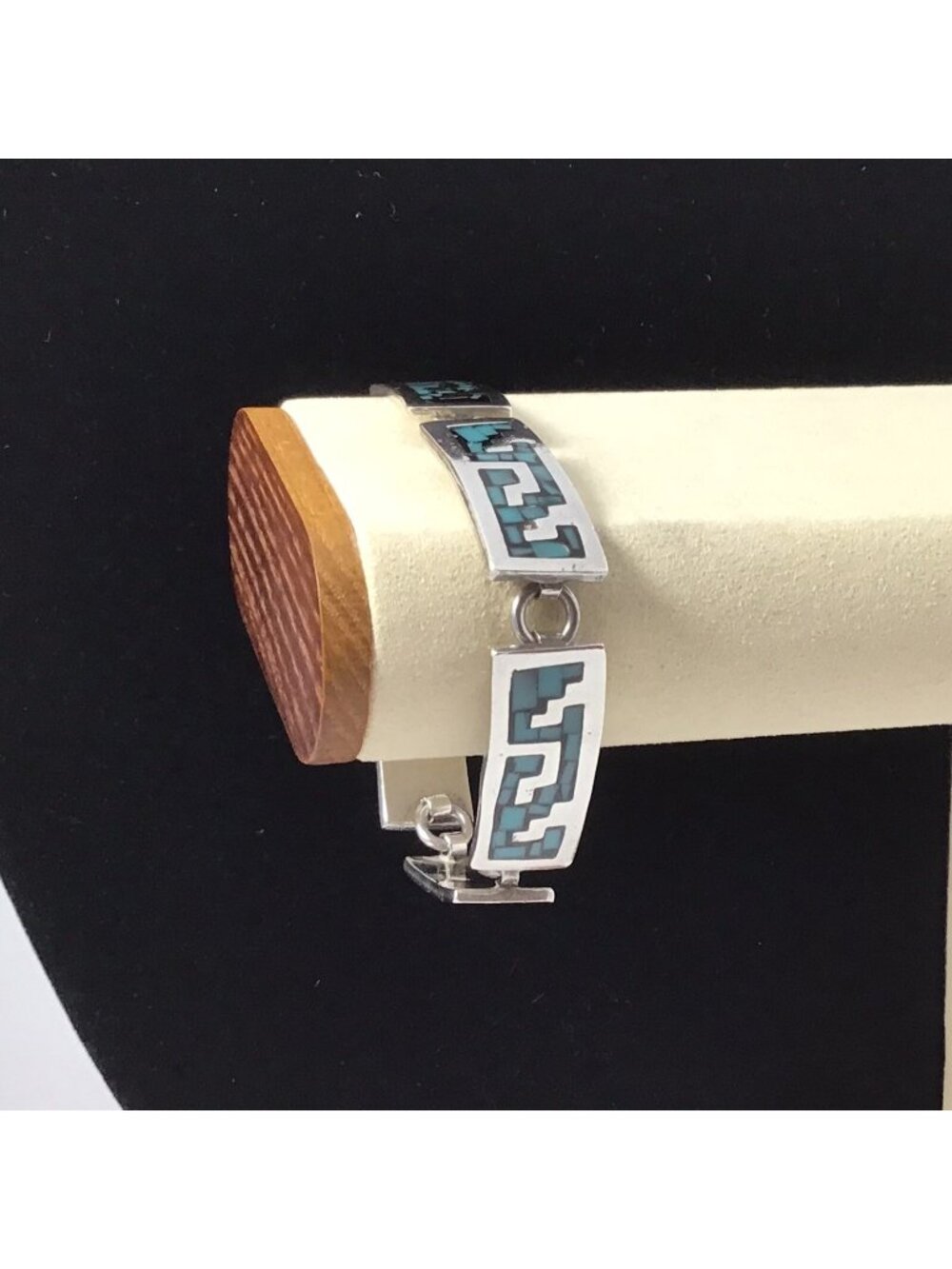 Sterling Silver Crushed Turquoise Bracelet Taxco Inlay Link Vintage 35 Gms 7.75”